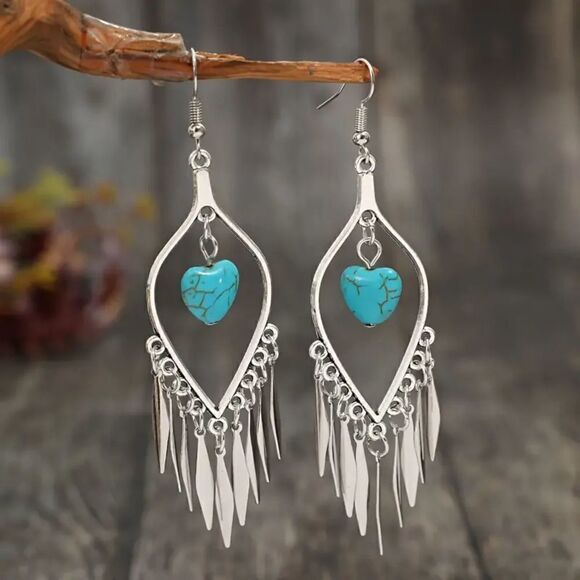 New - Boho Feather Tassel Heart Turquoise Dangle Earrings - Picture 2 of 9